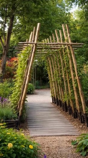 The Living Garden Tunnel: A Natural Walkway That Feels Like a Secret Path Some garden features don’t just decorate a space—they create an experience. The image above shows a beautiful bamboo-style pergola tunnel built over a walkway, surrounded by lush greenery and climbing plants. It feels less like a backyard structure and more like an entrance to a hidden garden. This type of design is one of the most charming ways to turn a simple path into something unforgettable. What Is a Garden Tunnel Pe