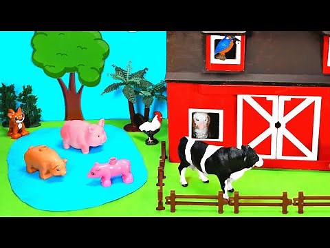 Barn Playset For Farm Animals | Diorama with Animals including Cow Chicken Pig Sheep