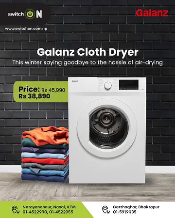 Introducing the Galanz Cloth Dryer – your winter laundry superhero. No more worries about air drying in the chilly weather. Previous Price: Rs 45990/- ❌ Offer Price: Rs 38890/- ✅ 👉Visit our store: https://goo.gl/maps/mc75Pk3dX1RCFHyZA Narayanchaur, Naxal 👉Visit our Store: https://goo.gl/maps/geUYQvBJx4NSePRd7 Location: Gatthaghar, Bhaktapur 👉Visit our Website: https://www.switchon.com.np/ #GalanzDryer #WinterLaundrySolved #NoMoreAirDryingWoes | Switch On