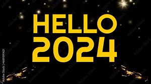 Hello 2024. Number 2024 on a dark night background with a flashlight. Hello 2024 with glitter gold text color.