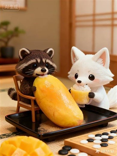 Raccoon & Fox with Giant Mango 🦝🦊🥭│Cute Animal Shorts #Viral #WholesomeWildlife