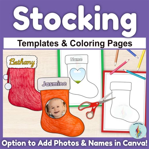 Stocking Template Coloring Page Set for December Preschool Christmas Crafts
