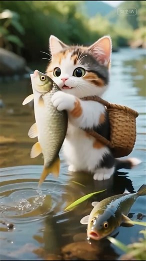 Cute Kitten Fishing in the River 🐱🐟