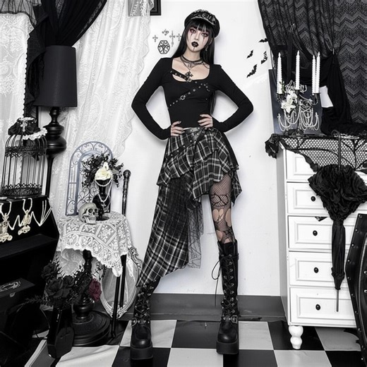 Gothic Plaid Asymmetrical Skirt, Punk Grunge Tartan High Low Bottoms, Dark Academia Alt Fashion, Egirl Witchy Streetwear - Etsy