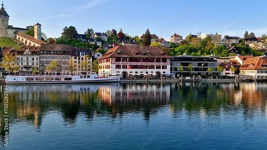 Historical medieval towns of Switzerland. scenic Schaffhausen and view of Munot castle over susnet, Rhein river