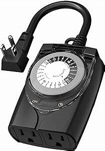 HBN Outdoor Timer Outlet Waterproof, 24 Hour Mechanical Light Timers for Electrical Outlets Outdoor Weatherproof, 2 Grounded Outlets for Christmas Lights, Holiday Decorations, 15A 1/2HP