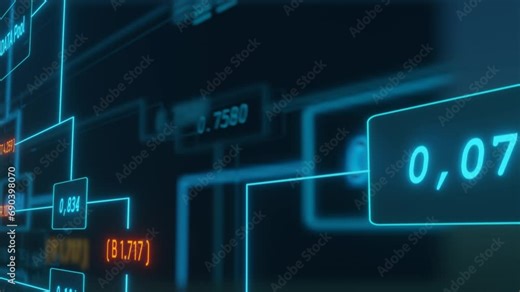 Data node tree animation. Industry switch board with signal lights. Digital, power, blocks, switches, connections, technology. Control center concept.