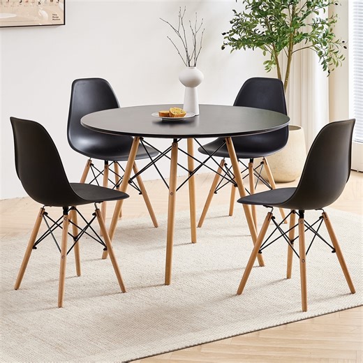 5 Piece 35.5'' Round Dining Table Set for 4, Kitchen Table & Chairs Set of 4, Mid-Century Modern Table W/ 4 Chairs for Home, Living Room, Apartment, Wood Legs, Metal Frame, Black