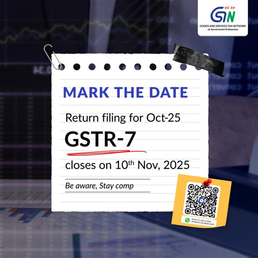 𝐁𝐞 𝐨𝐧 𝐓𝐢𝐦𝐞! 𝐅𝐢𝐥𝐞 𝐲𝐨𝐮𝐫 𝐆𝐒𝐓𝐑-𝟕 𝐛𝐞𝐟𝐨𝐫𝐞 𝐃𝐮𝐞 𝐃𝐚𝐭𝐞! 𝐒𝐭𝐚𝐲 𝐂𝐨𝐦𝐩𝐥𝐢𝐚𝐧𝐭! #GSTR_7 #AskGSTN #GSTCompliance #GSTFilingDeadline #DueDateReminder #GSTReturnFiling | Goods and Services Tax Network