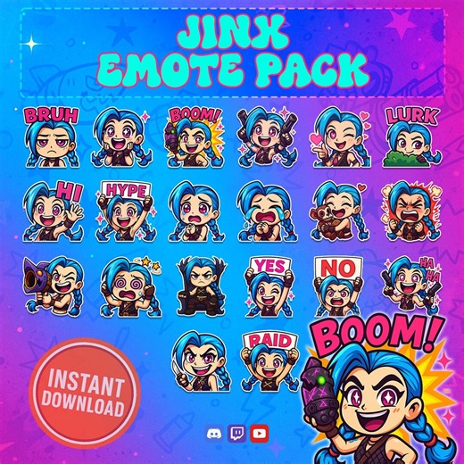 Jinx Emote Pack (20 Emotes) | League of Legends | Arcane Inspired Twitch Emotes | Cute Chibi Gamer Emotes | Discord & Stream Pack - Etsy
