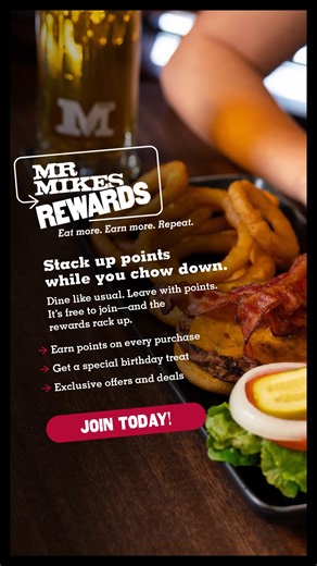 Join MR MIKES Rewards and start earning with every bite!   50 free bonus points just for signing up!  Earn 1 point for every dollar you spend.  Rack up $5 in Mikebucks for every 100 points.  Celebrate big on your birthday with a special treat from us! Get rewarded for doing what you love—eating! Sign up for MR MIKES Rewards today and start racking up those points. | MR MIKES | Facebook