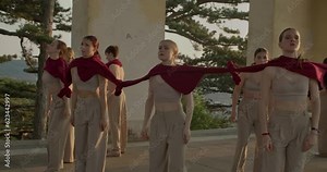 Interpretive dance performance by a big dancing group, choreography, 4k