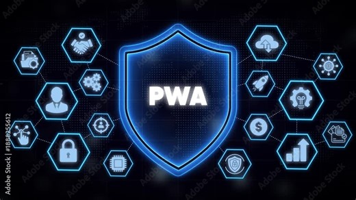 Progressive Web App Security P W A Shield with Various Protection and Business Related Symbols