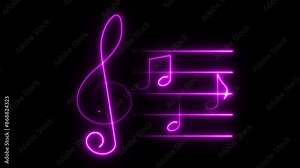 Neon music sheet. Line art. Musical symbols. Isolated on black background. Neon lines. Glowing music icons. Treble Clef. Music note. Musical notes. Music love. Melody, classical, sound design.