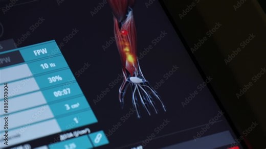 Close-up of medical professional operating advanced laser therapy device touch screen interface for musculoskeletal treatment settings, selecting specific arm muscle zones for therapeutic procedure.