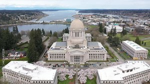 Cinematic aerial drone footage of the springtime cherry blossoms at the Washington State Capitol Building and Campus, Capitol Lake, with a panoramic view of Historic District in Olympia, Washington Stock Video