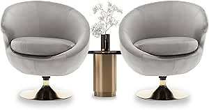 Round Swivel Chair Set of 2, Modern Barrel Accent Chair Set of 2, Grey Velvet 360 Swivel Cuddle Chair, Upholstered Armchair for Living Room, Bedroom, Hotel, Studio, Bar, Salon, Grey