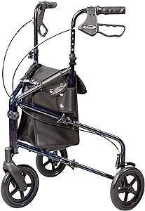 Carex 3 Wheel Walker for Seniors, Foldable, Rollator Walker with Three Wheels, Three Wheel Rolling Walker Height Adjustable for Seniors, Blue, Trio, Folding