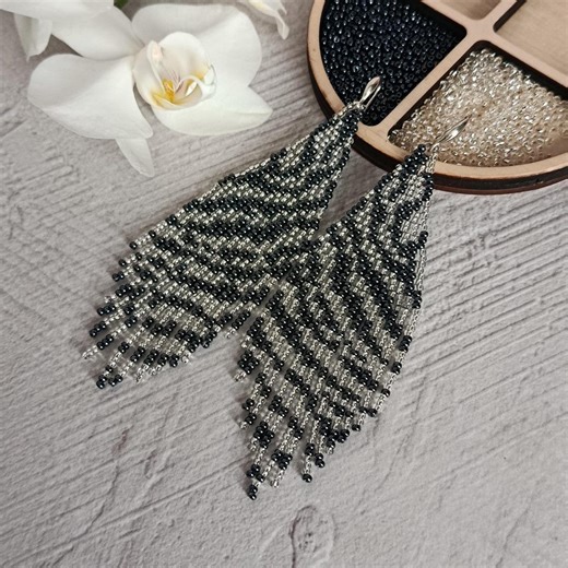 Zebra Print Statement Fringe Earrings, Safari Design Jewelry, Zebra Stripe Earrings, Dangling Beads Earrings, Fringe Seed Bead Earrings - Etsy