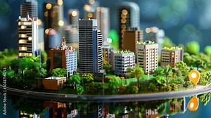 A detailed miniature cityscape showcases modern skyscrapers and residences amid greenery. Bright trees add nature, while a stylized pin emphasizes urban navigation and planning.