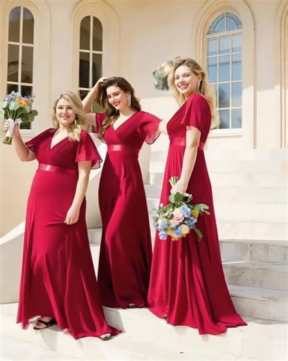 “Finally, a Dress That Matches My Vibe!” “As a bold bridesmaid, this burgundy beauty screamed ‘I own the room’ 🍷 Flutter sleeves = soft edge, V - neck = confident feels 🔥20% OFF, 💷Code: SAVE20 → Shop now! | Ever-Pretty.com