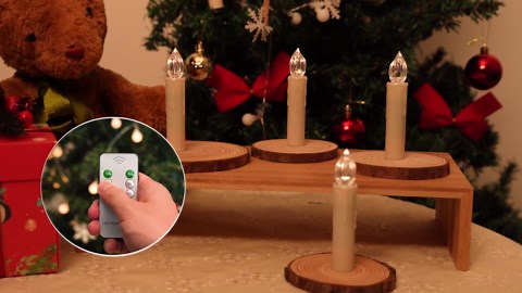 JOSU Flameless Christmas Trees Candles, 12Pcs Led Flickering Lights Battery Operated Candlesticks with Remote Timer/Clips, Warm White Window Taper Candles for Home Wedding Halloween Birthday Decor