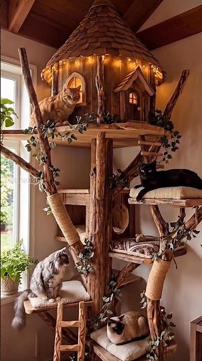 Cozy Wooden Cat Treehouse 🌿 Unique Natural Cat Setup Ideas 🐱✨