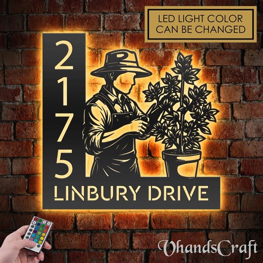 Personalized Gardener Address Sign With LED Lights - Custom Metal House Number Plaque - Etsy