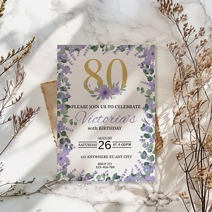 80th Birthday Invitation, Purple Floral Birthday Invitation, Editable Canva Template, Printable Digital Download - Etsy