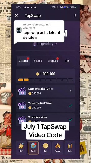 Replying to @amanu_15k July 1 TapSwap Video Code #fyp #viral #foryou #tiktok #mttech