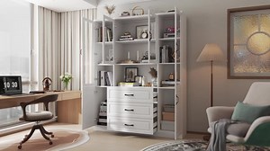 FUFU&GAGA White Wood 63 in. W Buffet Sideboard Food Pantry W/Hutch, Glass Doors, Adjustable Shelves (15.7 in. D x 78.7 in. H) KF020385-012