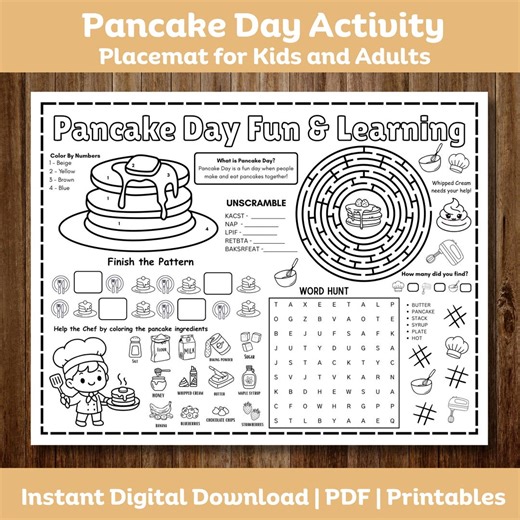 Pancake Day Activity Placemat for Kids, Printable Pancake Worksheet, Coloring, Maze, Word Hunt & Games PDF, Shrove Tuesday Activity Placemat - Etsy