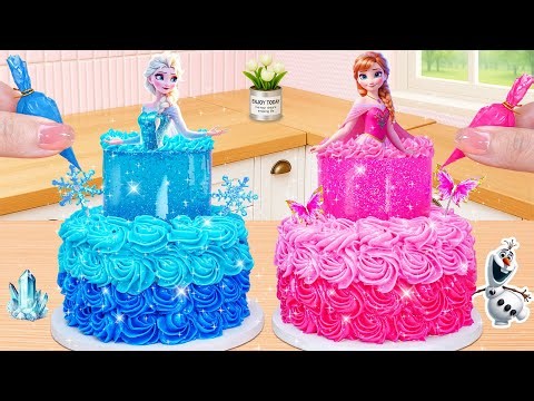 How to Make Elsa vs Anna Princess Glitter Cake 🎂✨ | Blue vs Pink Frozen Cake | Cute Mini Bakes
