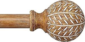 QDWIS Wood Curtain Rods for Windows 66 to 120 Inch,1'' Diameter Drapery Rods with Imitation Wood Grain Leaf Pattern Finials,Boho Adjustable Heavy Duty Curtain Rods Set,36-120'',Color:Natural Wood