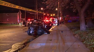 6 people were taken to the hospital after two cars crashed on Cleveland's east side overnight. One of the cars hit a house on the south side of the street and caught fire. http://on.wews.com/2mzrwZQ | News 5 Cleveland