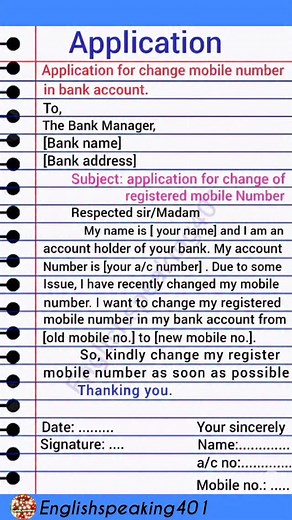 Application For Change Mobile Number in Bank Account✨ . . ✅ Hashtags for Application to Change Mobile Number in Bank Account #MobileNumberChange #BankAccountUpdate #UpdateMobileNumber #BankingRequest #ContactDetailsUpdate #MobileChangeApplication #BankServiceRequest #CustomerSupportBank #AccountInformationUpdate #BankRequestLetter | Englishspeaking401