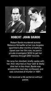 Robert John Bardo became infamous for the 1989 murder of actress Rebecca Schaeffer, whom he had obsessively stalked after watching her on the sitcom My Sister Sam. Enraged by her appearance in a romantic film role, Bardo tracked down her home address using DMV records and a private investigator. On July 18, 1989, he confronted Schaeffer at her Los Angeles apartment and fatally shot her in the chest. She died within minutes. Bardo was arrested the next day in Arizona and quickly confessed. Though