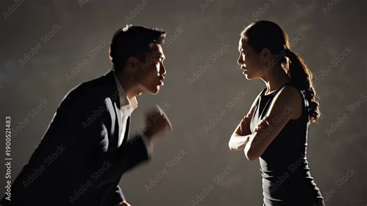 Silhouette of a man and woman arguing intensely with dramatic backlighting in a studio setting conveying conflict and