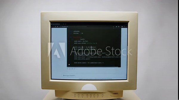 Retro pc with loading code console, programmer making scripts, green basic screen, Old computer studio close-up, Desktop vintage retro wave display, late 90s PC.