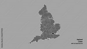 Shropshire, administrative county of England, with its capital, localized, outlined and zoomed with informative overlays on a bilevel map in the Stereographic projection. Animation 3D