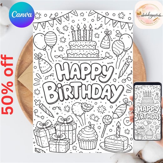 Happy Birthday Coloring Card DIGITAL | Colouring Greeting Card for Kids | Instant Download | EDITABLE Printable File Download - Etsy