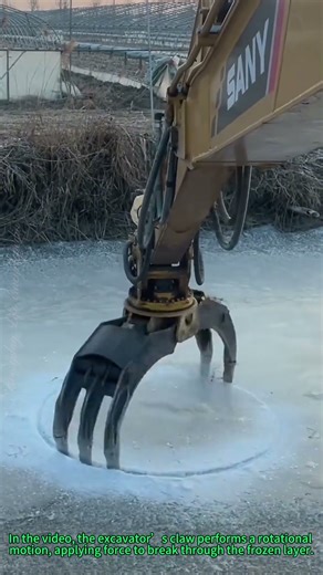Excavator Ice Hole Drilling: Claw Rotates to Create Hole on Frozen Surface