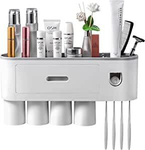 Toothbrush Holder Wall Mounted: Electric Toothbrush Holder for Bathroom, with Toothpaste Dispenser, 4 Toothbrush Slots, 4 Magnetic Cups, 1 Cosmetic Organizer Drawer, Large Storage Tray (4 Cups)