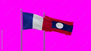 Laos flag and France flag waving with colored chroma key for easy background remove, endless seamless loop, two country relations concept