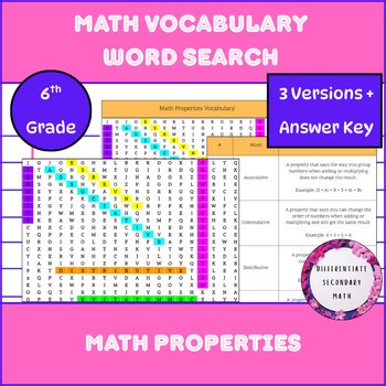 Math Vocabulary Word Search: Math Properties