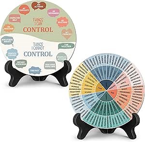 2 Pcs Feelings Wheel Therapy Office Desk Decor Things I Can Control Double Sided Mental Health Emotions Chart with Stand Therapist Gifts Psychology Decor for Home Office Counselor Women Man(Bohemian)