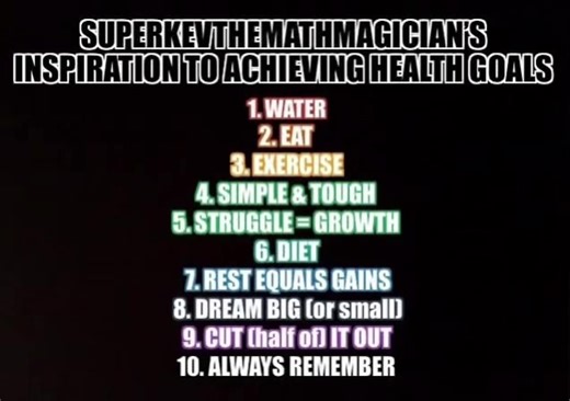 SUPERKEVTHEMATHMAGICIAN’S RULES TO STARTING A NEW WORK OUT PLAN 1. 🍋WATER Start your day with a tall glass of water (I drink mine with half a lemon squeezed at room temperature) 2. 🍎EAT (& DRINK WATER) 30 minutes later eat a fruit, vitamins and another tall glass of water (this is glass/bottle number 2) 3. 🏃🏽‍♀️EXERCISE (WITH A BOTTLE OF WATER) Allocate 15 mins per day to work out with a bottle of water of course. (This is the third bottle if you work out in the morning) 4. 🏋🏾‍♂️SIMPLE & T