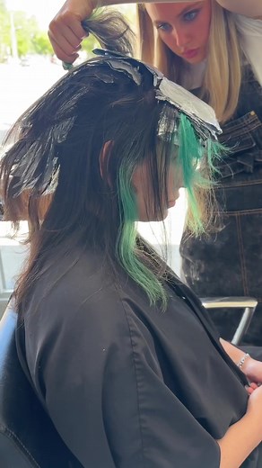 Bright Green Hair Coloring Process in a Salon