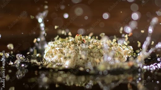 Super Slow Motion Detailed View Of Ramen Noodles Impacting Surface With Herbs And Spices Exploding Outward
