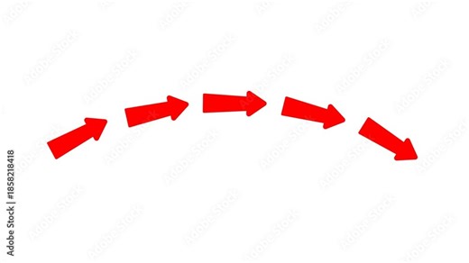 Minimalist animation of five red arrows forming an arc on white background representing a curved workflow process, progress sequence, or directional trajectory for business.